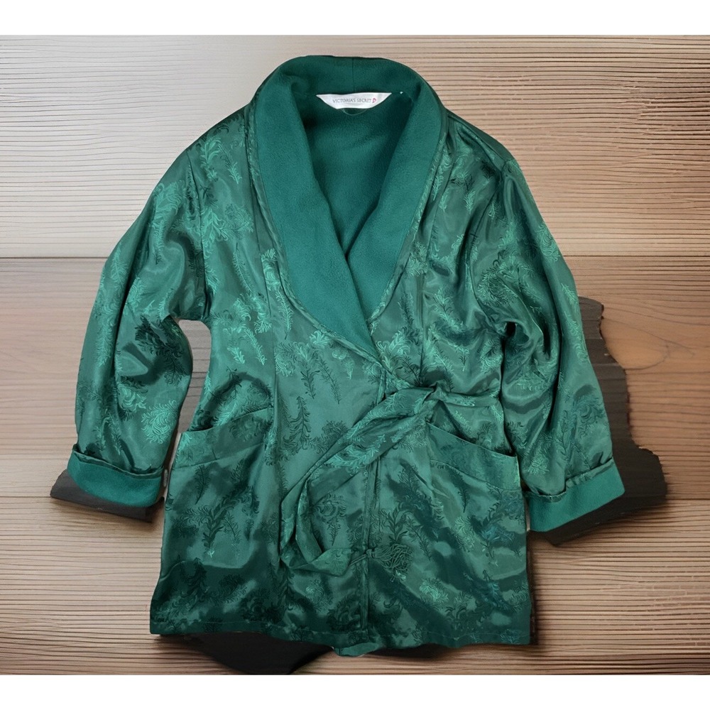 Vintage Victoria's Secret Robe Green Satin Floral Fleece Lined Pockets Belted